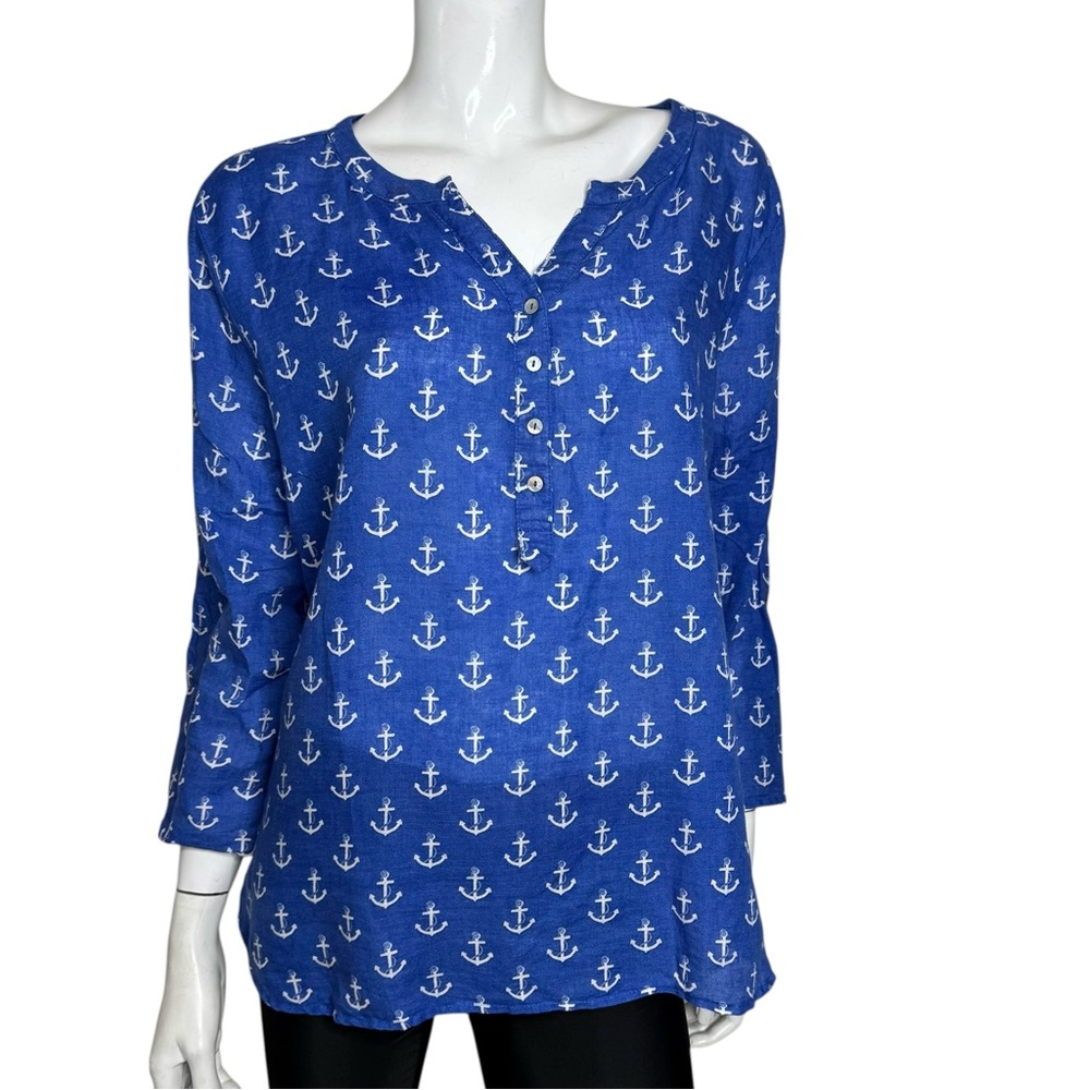 grand & greene Linen Blend Royal Blue Anchor-Print Henley‎ Tunic